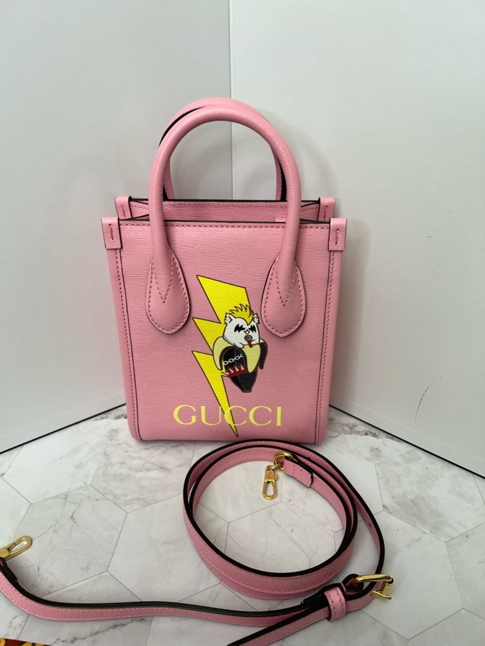 Gucci Pink Leather Mini Tote with Yellow Lightning Motif